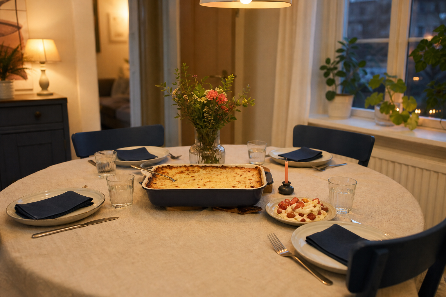Een rustige eettafel met een ovenschotel, waterglazen en bloemen voor een klein verjaardagsdiner
