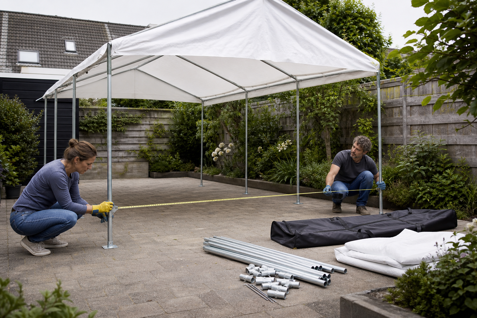Twee volwassenen meten een witte partytent op in een betegelde achtertuin