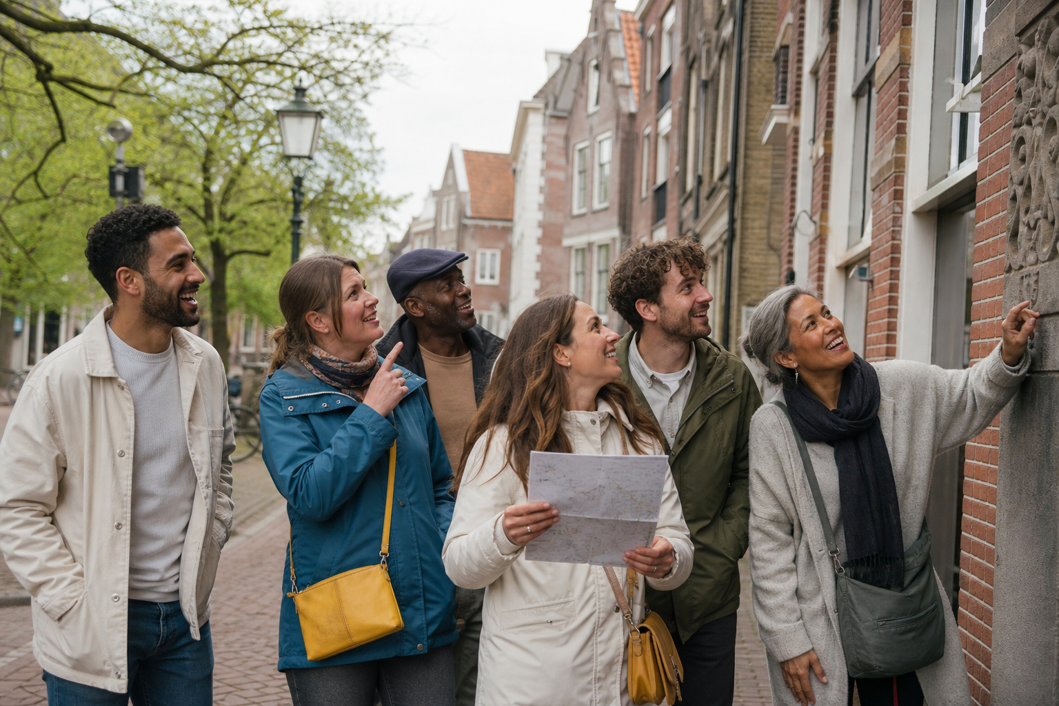 Zes volwassenen bekijken samen een geveldetail tijdens een stadswandeling