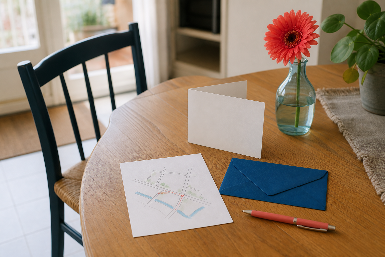 Een uitnodiging, routekaart en stoel op een tafel voor een verjaardag
